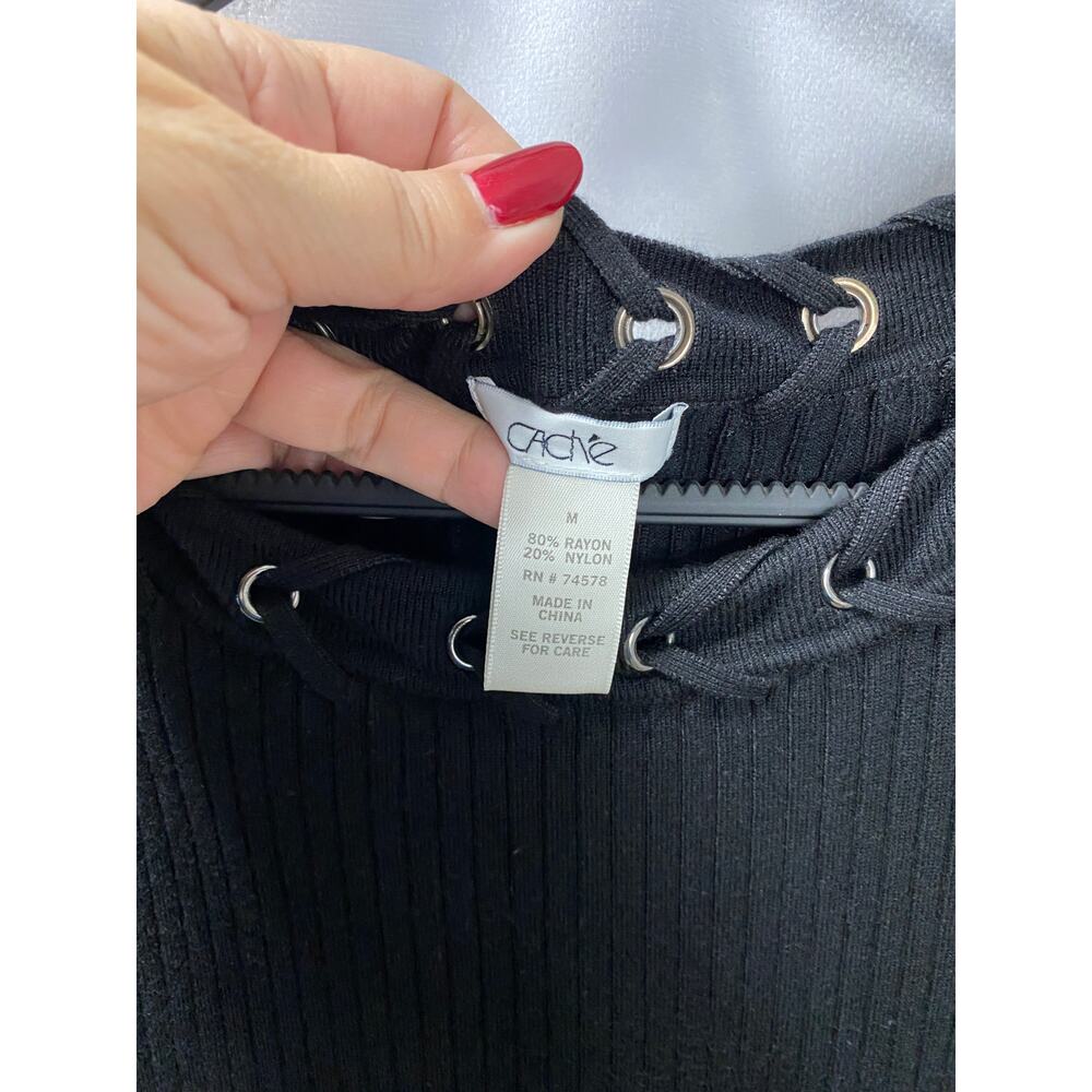 Chache Black Round Neck Long Sleeve Ribbed Knit Bodycon Dress Medium - Picture 5 of 10